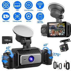 4 Channel Car Dash Cam with 128G MMC Card 1080P Front 720P Left Right 480P Rear G-Sensor Parking Monitor Loop Recording Night Vision 360° Surveillance